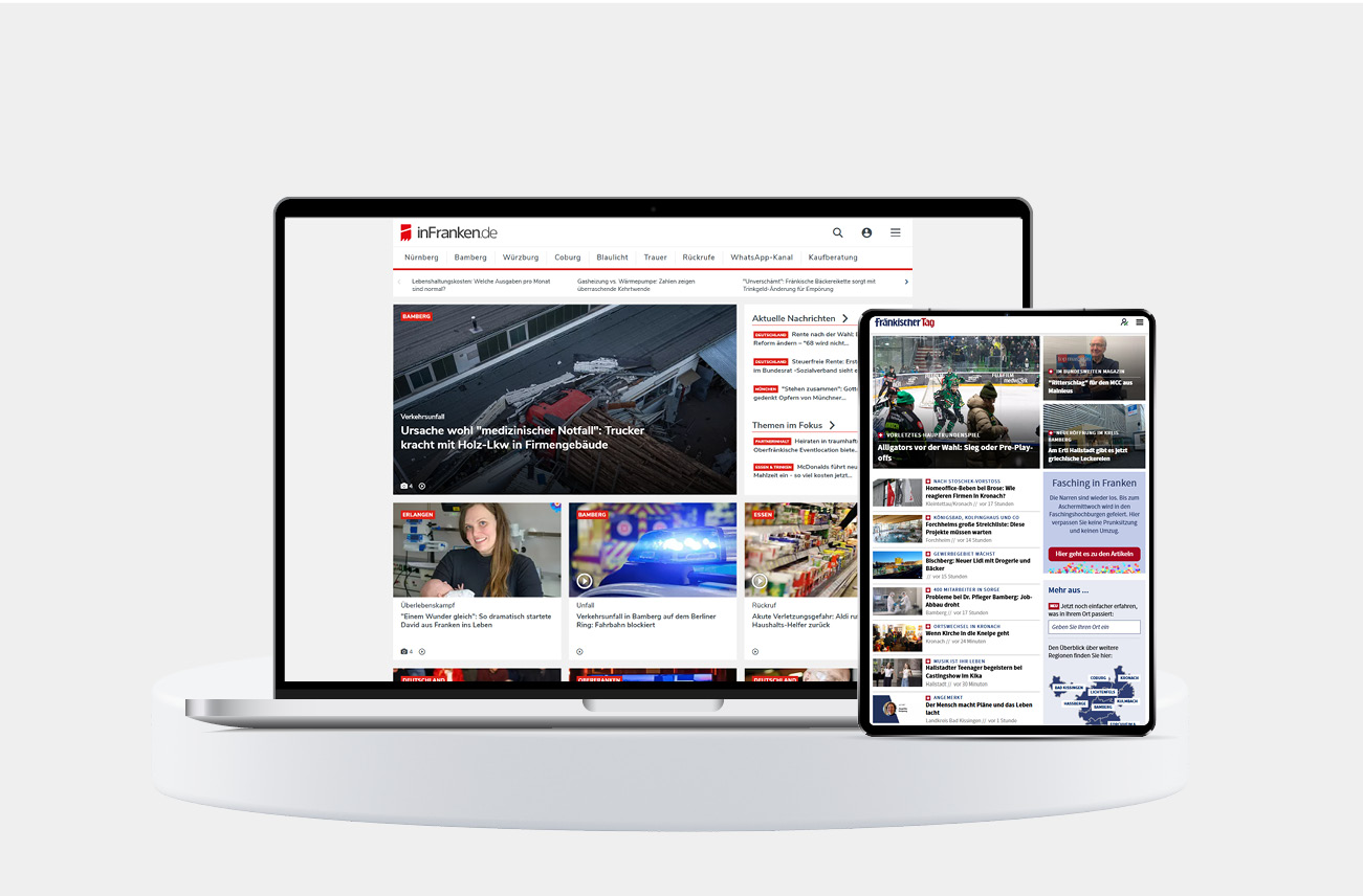 Reichweite Online Newsportale Ein Laptop und ein Tablet zeigen die Website von "inFranken.de", mit aktuellen Nachrichten und Artikeln auf dem Bildschirm.
